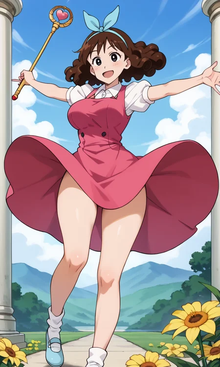 (1girl:1.5), (solo:1.3), (score_9, score_8_up, score_7_up, score_6_up, score_5_up, score_4_up), (source_anime), rating_questionable, looking at viewer, cowboy shot:1.3), outdoors, magical world, fancy, pillar,Parthenon, yellow sky, cloud,
(nohara-misae), (black eyes, brown hair, medium hair, curly hair, voluminous hair, fluffy hair, parody hair), (large breasts, wide hips, thick thighs), <lora:nohara-misae-misarin_v1:0.8> (magenta dress, sleeveless, white collared shirt, white puffy short sleeves, hair ornament, yellow flower, blue hairband, white socks, rolled socks, blue footwear, mary janes), (holding wand, heart-shaped wand), wide smile, spread arms, legs apart, wind lift,