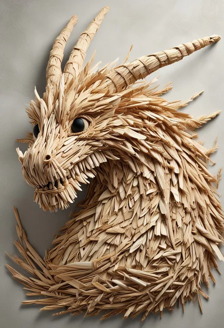A Dragon made of straw, white background, detailed face