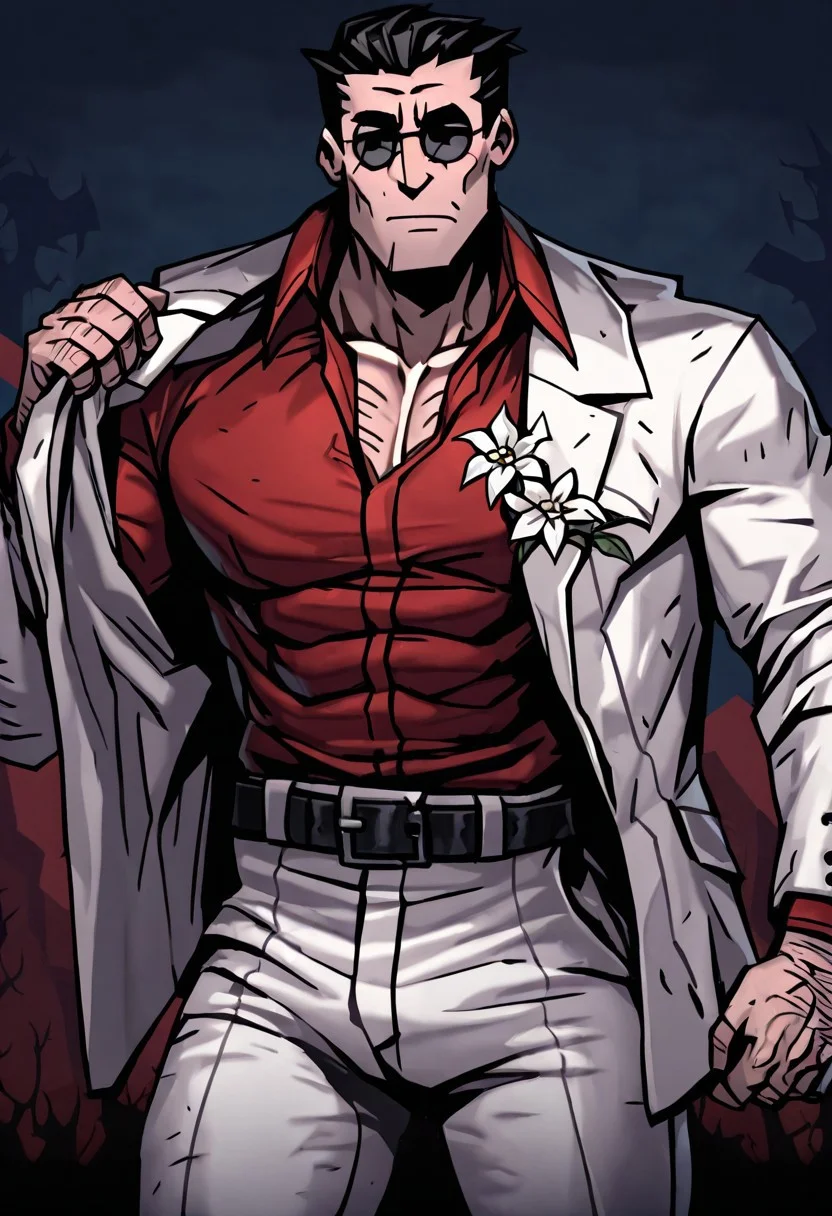masterpiece, best quality, newest, absurdres, highres, DDstyle, official style, black eyes, shaded eyes, 
1boy, helltaker \(helltaker\), black hair, short hair, muscular, muscular male,
sunglasses, glasses, 
white jacket, white pants, black belt, red shirt, formal clothes, flower in clothes, open jacket
