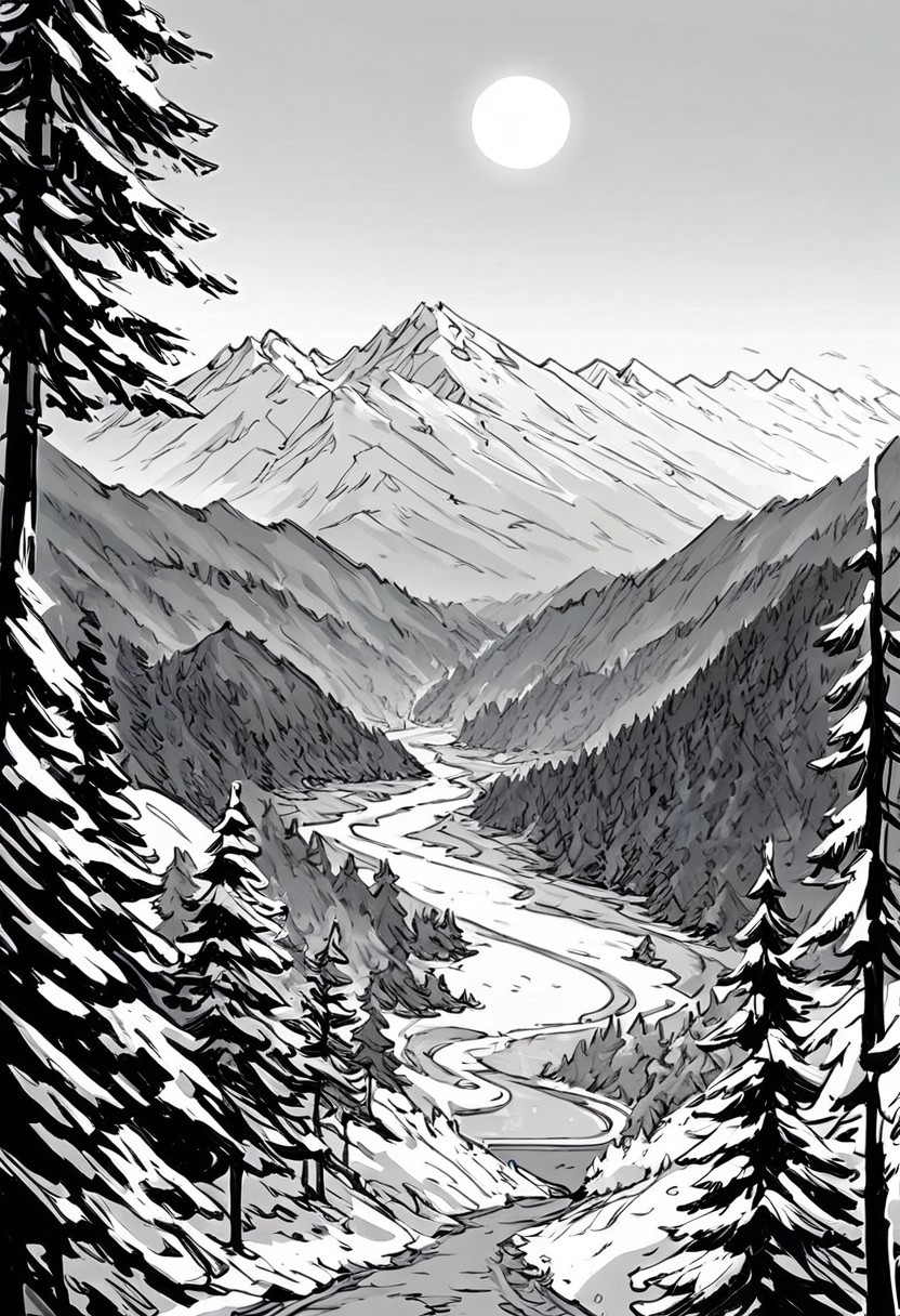 score_9, score_8_up, score_7_up, masterpiece, landscape, trees, sun, forest, mountains, river