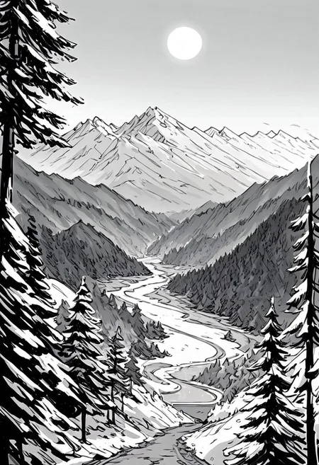 score_9, score_8_up, score_7_up, masterpiece, landscape, trees, sun, forest, mountains, river