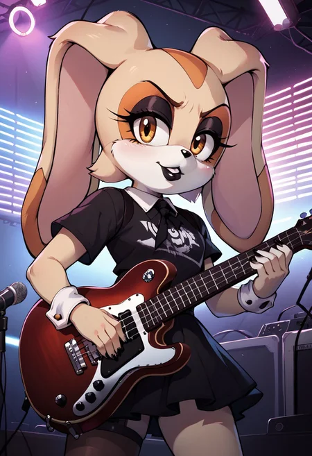 Cream The Rabbit, anthro, furry, rabbit, solo, idol dress, electric_guitar, playing_instrument, red guitar, neon lights, goth, emo, stage lights, night, makeup, black lipstick, mascara, black nails, tattoo
score_9, score_8_up, score_7_up