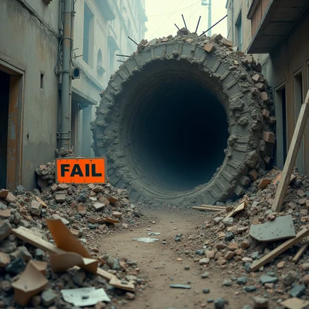 A small black hole has appeared in the middle of a messy construction site, singularity warping reality around it, gravity is pulling everything into the center of the black hole, a sign that reads, "FAIL" is being pulled into the singular point with more mass than a blue hypergiant star, it's a scene of utter chaos and catastrophe as everything is sucked into oblivion