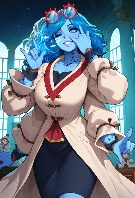 masterpiece, best quality, newest, absurdres, highres, 1girl, RnnDef, blue eyes, one eye closed, blue hair, wavy hair, (4 arms:1.2), extra faces, ghost face, blue skin, colored skin, cracked skin, doll joints, <lora:Ranni_illusXLNoobAI_Incrs_v1-000012:1>, prhacn11, red-framed glasses, eyewear on head, white coat, black shirt, black skirt, red trim, black cuffs,\\\\m over eye, hand up, grin, lips, looking at viewer <lora:prhac_n11:1>, indoors,