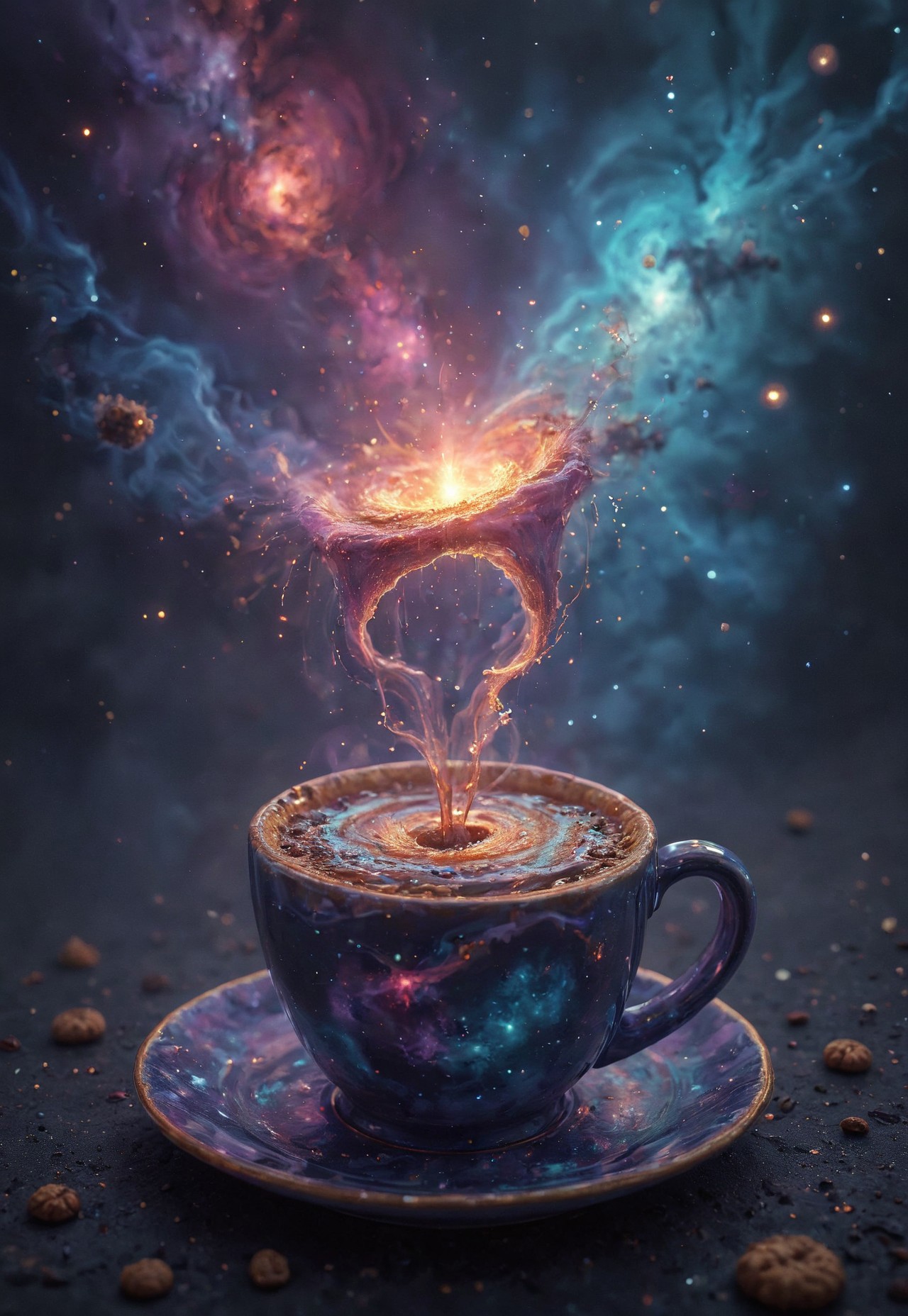 enchanting scene, a steaming cup of coffee, the liquid within the cup forms a swirling cosmic galaxy, The coffee surface is a mesmerizing mix of deep purples and blues and pinks dotted with stars and nebulae, fit the vastness of space inside the cup, The cup rests on a saucer that reflects the celestial patterns, surrounded by tiny star-shaped cookies and cosmic-themed decorations, The atmosphere is magical and dreamy, 