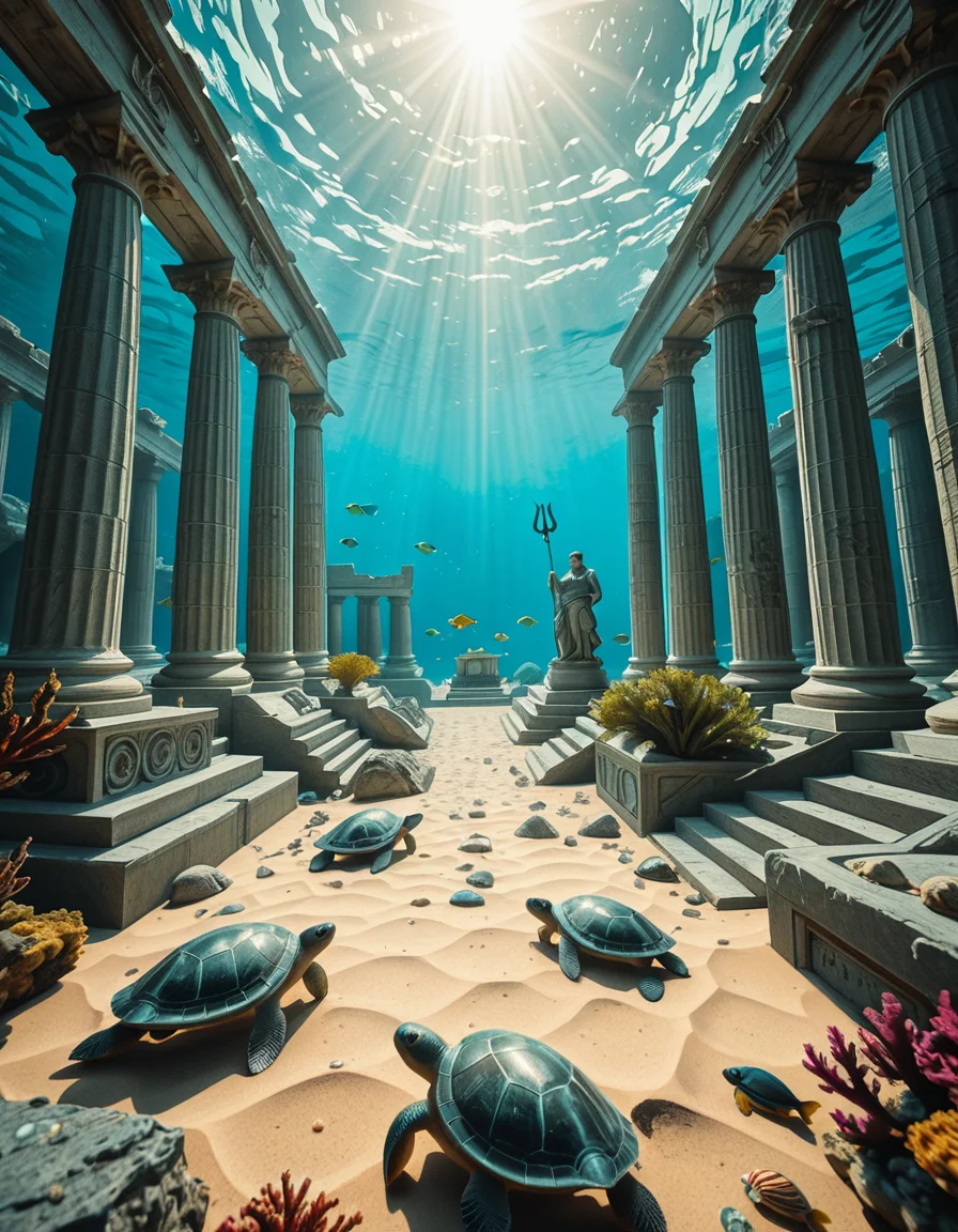 An ancient underwater Temple of Poseidon, partially buried in sand and coral at the bottom of the Aegean Sea. Massive marble columns, some broken, others still standing, encrusted with seashells and marine life. Soft sunlight filtering through the ocean surface above, casting shimmering rays over the temple ruins. Colorful fish and sea turtles swimming peacefully around. The atmosphere is mystical and serene, with a bluish-green hue dominating the scene. A statue of Poseidon with a trident stands at the center of the temple, covered in algae and marine growth. Realistic style, high detail, cinematic lighting, wide-angle view.
<lora:SDXLFaeTastic2400:0.4> <lora:extremely_detailed:0.4> extremely detailed,underwater Temple of P0s31d0n, <lora:underwater_Temple_of_P0s31d0n-i:1>, Masterpiece,best quality,hi res,8k,hi res,8k,award winning,(sharp focus, intricate, highly detailed),