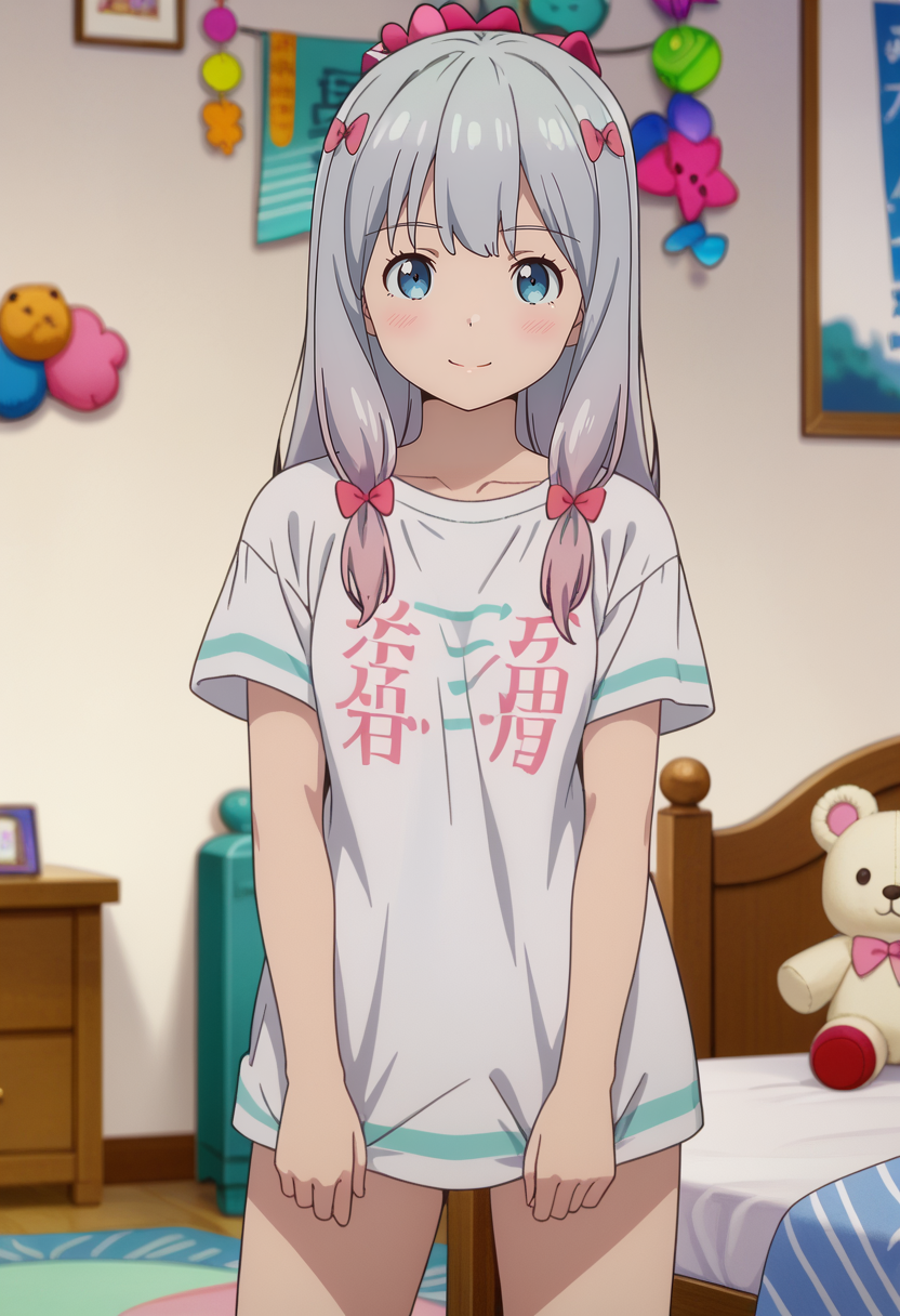 score_7_up, anime screencap,
<lora:EromangaSensei_IzumiSagiriXL:0.9>,
1girl, solo, closed mouth, light smile,
low-tied long hair, multicolored hair, grey hair, blue eyes, hair bow, pink bow,
SagiriShirt, t-shirt, long shirt, white shirt, short sleeves, bare legs,
standing, looking at viewer,
blurry background, indoors, bed, stuffed toy