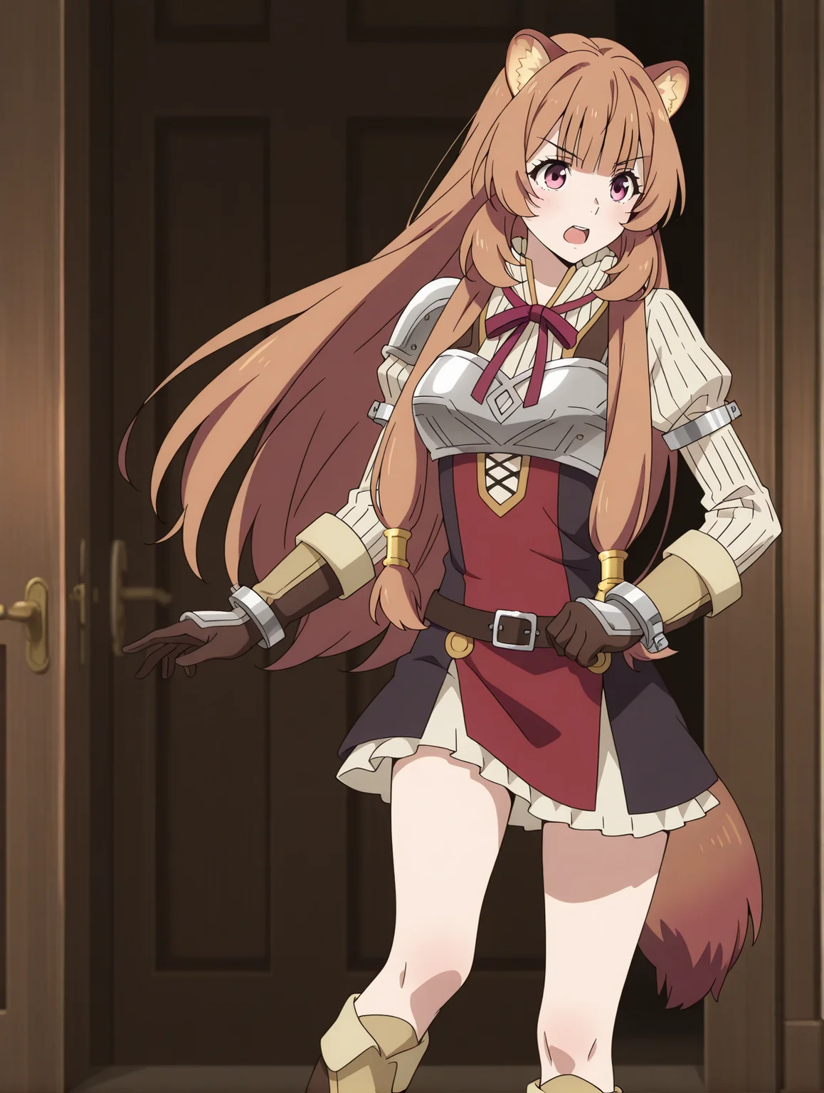 (red dress striped sweater red neck ribbon breastplate belt brown gloves knee boots:1.50), 
tny-raphtalia, pink eyes, brown hair, sidelocks, blunt bangs, raccoon ears, raccoon tail, 
medium breasts, 1girl, solo, skinny,
(masterpiece, highres, ultra-detailed,very aesthetic, best quality, absurdres, high quality, highres), 
excited,
,
(:1.20), 
BREAK,
indoors,
long hair
<lora:tny-raphtalia-V01-illXL-000002:0.90>