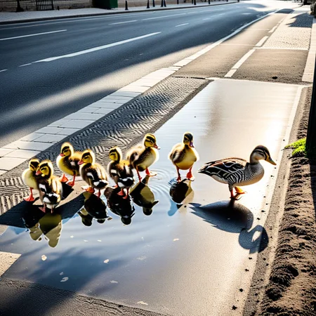 flock of ducks, ducks and ducklings, walking, zebra crossing