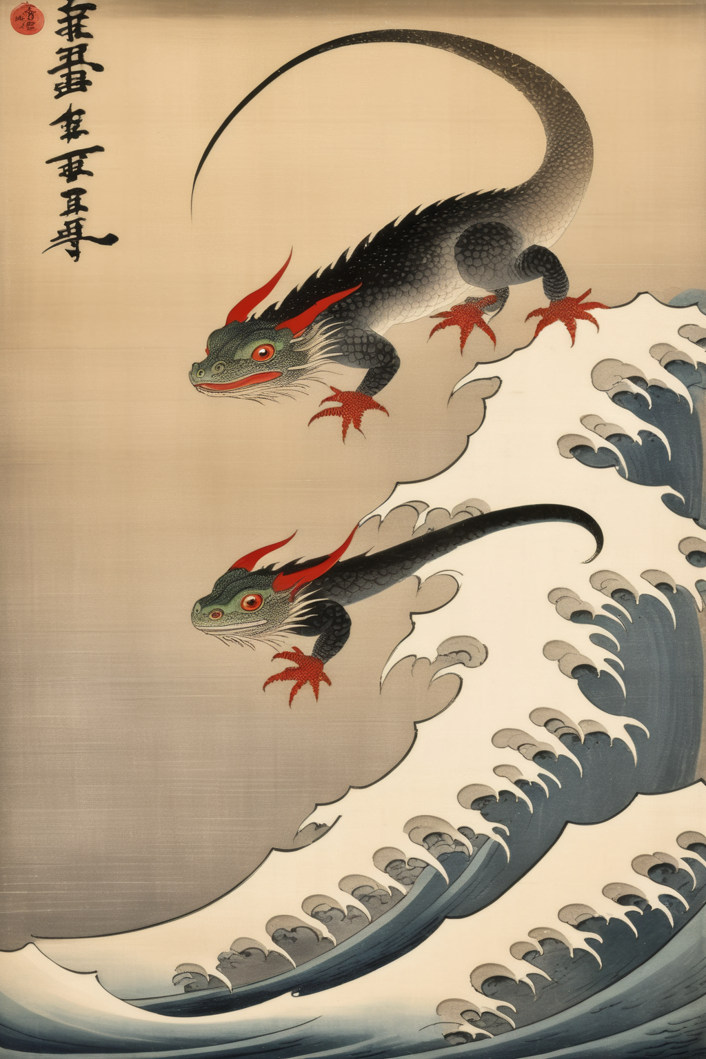 <lora:Ohara Koson Style:1>Ohara Koson Style - traditional japanese painting of a flying lizard over the ocean