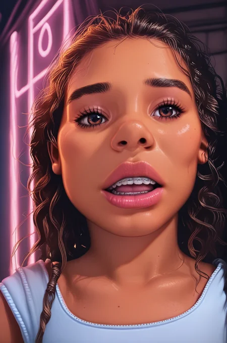 g0th1c, glowing, neon lights, score_9, score_8_up, score_7_up, score_6, score_5, score_4, source_cartoon, realistic, princess Moana from above, close-up, lips,rating_questionable, lowrise, midriff, ,open mouth,8r4c3t4n<lora:8r4c3t4n-000009:.95> nose, <lora:adventurewitcheswould:0.3> <lora:g0th1c2XLP:0.8>