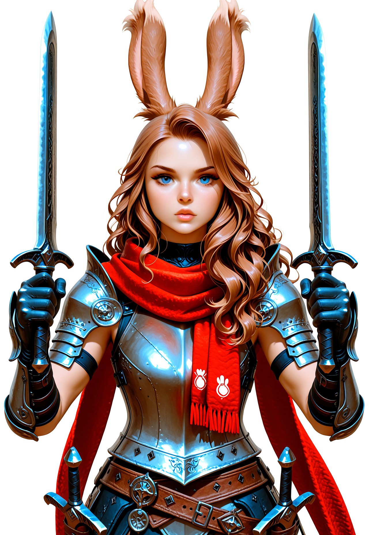 masterpiece, very aesthetic, high score, newest, best quality, FF_V13R4, 1girl, solo, long hair, looking at viewer, blue eyes, simple background, brown hair, gloves, white background, holding, animal ears, weapon, sword, scarf, holding weapon, armor, rabbit ears, lips, wavy hair,  dual wielding, red scarf, dagger, viera