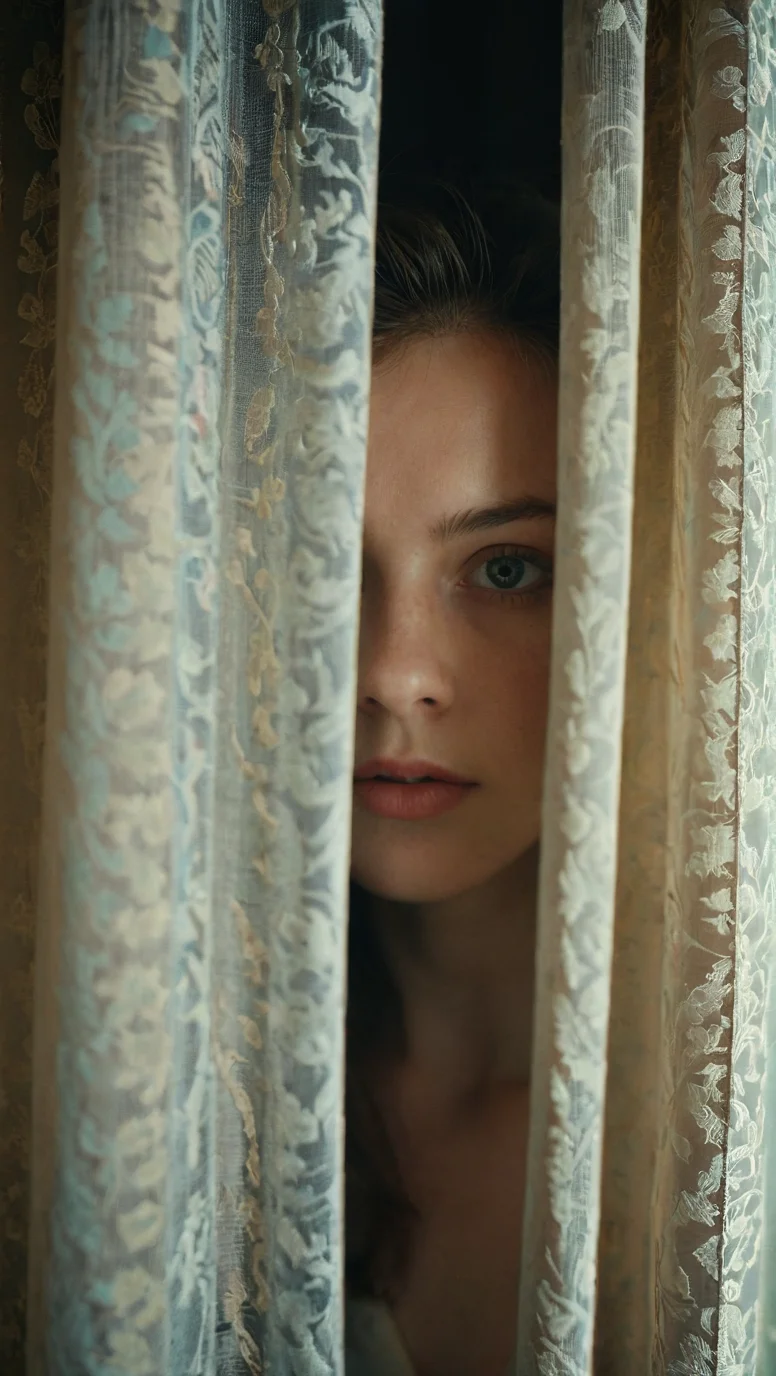 RAW photo, woman peeking from behind curtains, colorful details, award winning, high detailed, 8k, natural lighting, analog film, detailed skin, amazing composition, intricate details, subsurface scattering, velus hairs, amazing textures, filmic, chiaroscuro, soft light