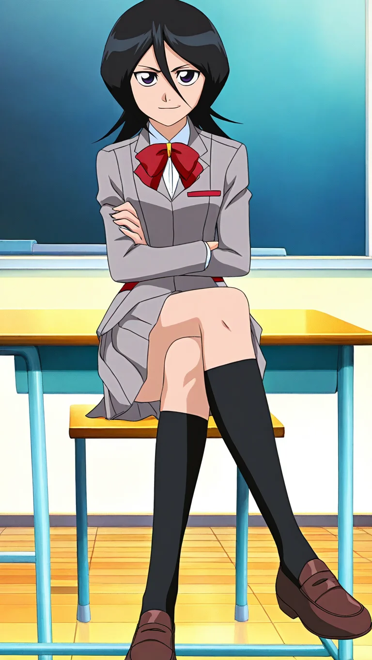 source_anime, masterpiece, best quality, amazing quality, anime screencap, high quality, 8k, absurdres, official style, 1girl, solo, looking at viewer, classroom, smile, sitting, legs crossed, <lora:Rukia_Kuchiki_Pre_iL:0.9>, ruk14 pre, purple eyes, black hair, short hair, hair between eyes, grey school outfit, blazer, red bowtie, pleated skirt, skirt, school uniform, jacket, socks, kneehighs, loafers,