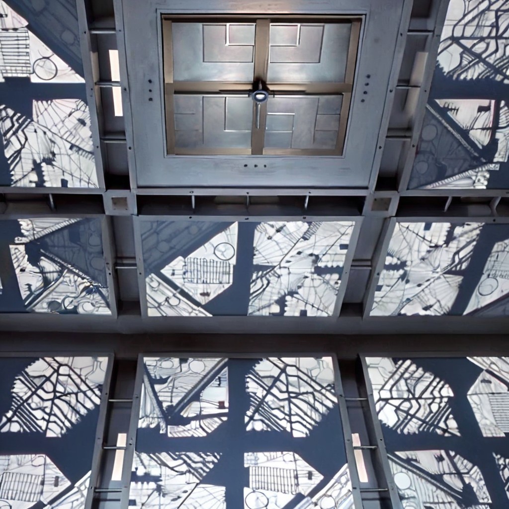 *A futuristic, cubic room where every surface—the floor, walls, and ceiling—looks identical, creating a symmetrical and disorienting space. The room is made of metallic panels, each featuring intricate, geometric patterns resembling advanced circuitry. These patterns are precisely cut into the metal, allowing a soft, white light to filter through, casting sharp, complex shadows across the surfaces. The cold, white light gives the room a sterile, almost otherworldly feel. The metallic surfaces subtly reflect the light and patterns, amplifying the sense of depth and making it difficult to distinguish one wall from another.
In the center of each of the six surfaces, including the floor and ceiling, is a square metallic door, seamlessly integrated into the surrounding panels. These doors are identical and blend into the room’s design, adding to the disorienting and claustrophobic atmosphere. The uniformity and symmetry of the room create a high-tech, sterile environment that feels isolating and mysterious.
The overall ambiance is one of eerie sophistication, blending advanced technology with unsettling uniformity. The space feels like a confining, enigmatic environment where every direction is the same, leaving anyone inside with a sense of isolation and uncertainty. Each surface of the room looks exactly the same. The room is 5 meters long in each direction.*
