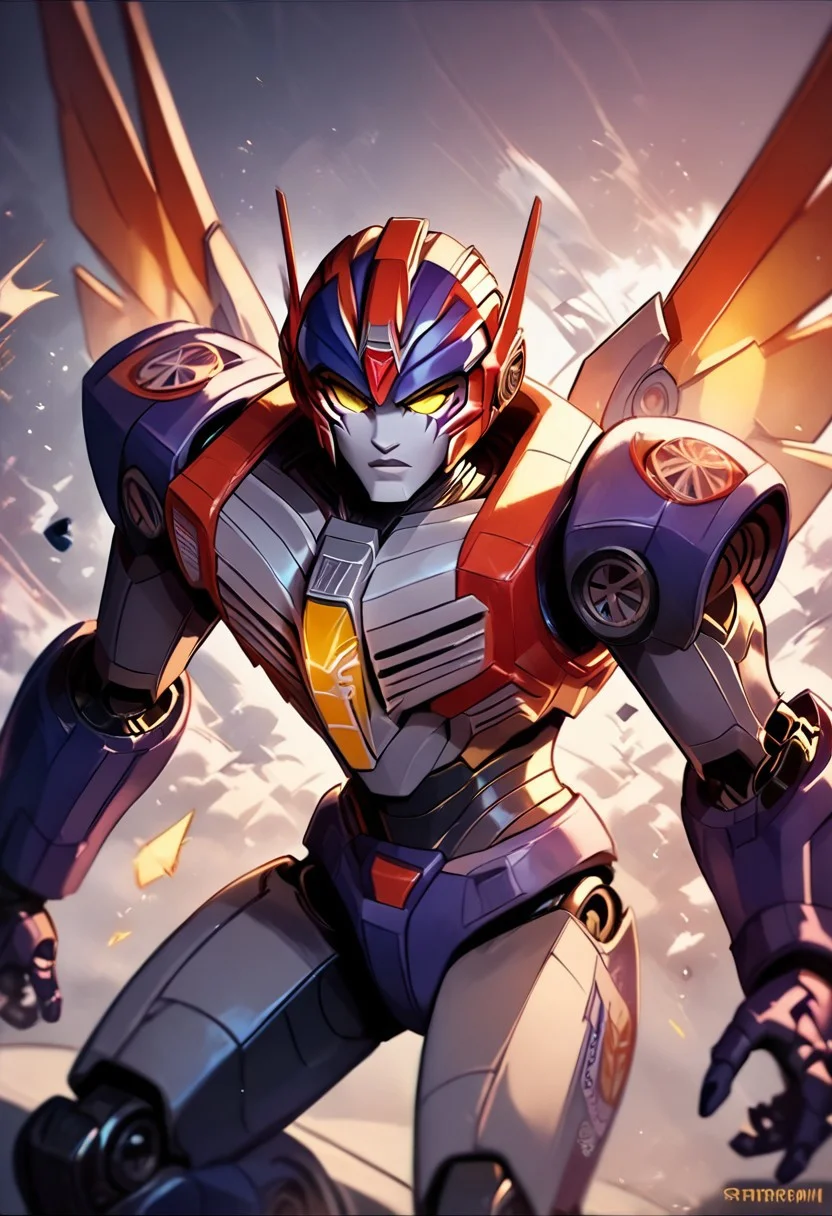 score_9_up, score_8_up, score_7_up,score_6_up, rating_safe, style_comics, transformers g1, transformers, starscream, robot with jet wings, yellow cockpit in middle of chest, fans on sides of chest, vents on sides of head, red and silver, action pose,