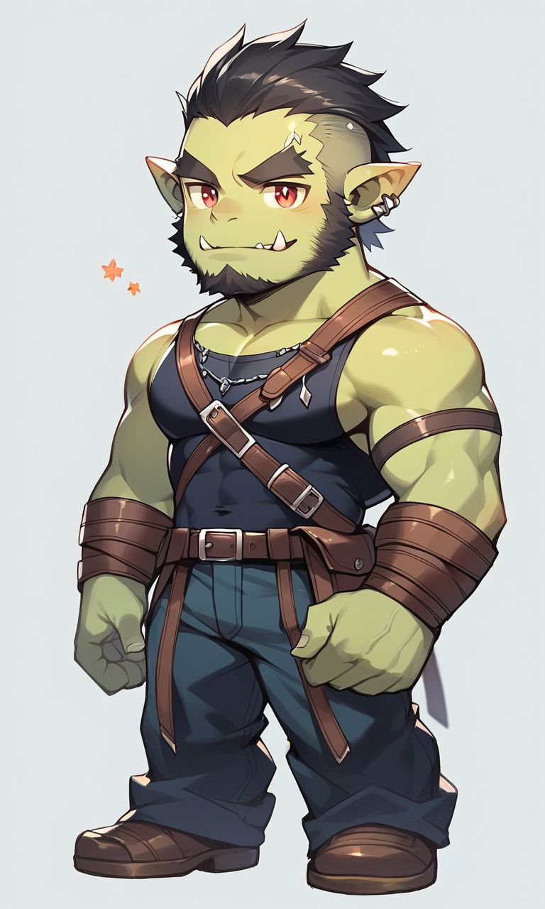 masterpiece, 1boy, solo, sd_male, sd_male, chibi, (orc, fang out,  green skin, fang:1.2), muscular male, bara, thick eyebrows, beard, full body <lora:SDmale_V1b:1.0>, score_9_up, score_8_up, score_7_up, score_6_up, score_5_up, score_4_up,