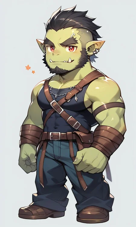masterpiece, 1boy, solo, sd_male, sd_male, chibi, (orc, fang out, green skin, fang:1.2), muscular male, bara, thick eyebrows, beard, full body <lora:SDmale_V1b:1.0>, score_9_up, score_8_up, score_7_up, score_6_up, score_5_up, score_4_up,