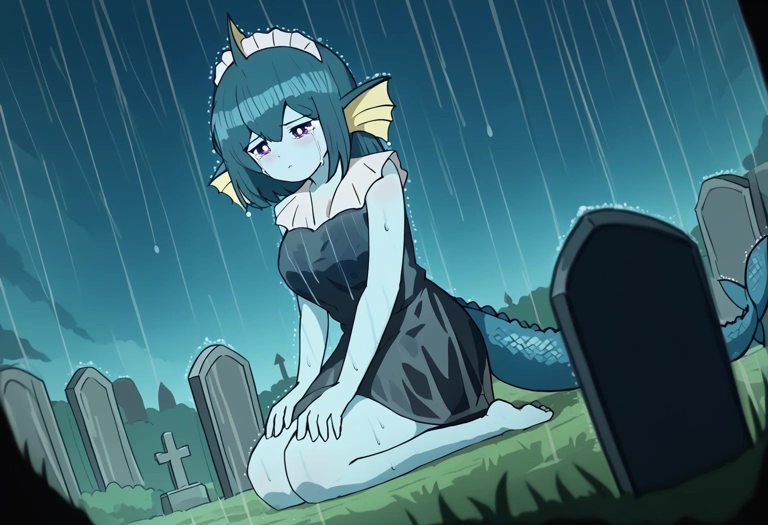 score_9, score_7_up, score_6_up, source_anime, uncensored, zPDXLxxx, vector trace, flat color, cel shading, <lora:ProjectMoon_Style_v1.0:1.3> photomosaic, rain, see-through shirt, field, depth of field, dutch angle, <lora:intricate_details:1> intricate_details_xl <lora:Vaporeon_Meme_Dangoheart_v1.0:1> Vapdangoheart, pokemon (creature), personification, furry female, parody, solo, head fins, blue hair, purple eyes, colored skin, blue skin, bright pupils, white pupils, maid, fish tail, frown, looking down, sad, crying, wind lift, wind, graveyard, tombstone, kneeling, from side,