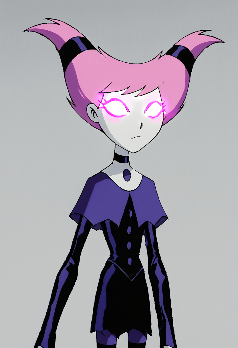 <lora:JinxTTPony1.0:1> jinx, 1girl, pink hair, buttons, twintails, solo, pink eyes, slit pupils, blush stickers, black choker, dress, grey skin,glowing eyes, striped pantyhose, capelet, score_9, score_8_up, score_7_up, score_6_up, score_5_up, score_4_up, looking at viewer, cowboy shot,energy ,