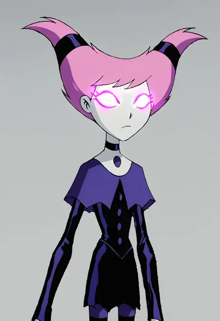 <lora:JinxTTPony1.0:1> jinx, 1girl, pink hair, buttons, twintails, solo, pink eyes, slit pupils, blush stickers, black choker, dress, grey skin,glowing eyes, striped pantyhose, capelet, score_9, score_8_up, score_7_up, score_6_up, score_5_up, score_4_up, looking at viewer, cowboy shot,energy ,