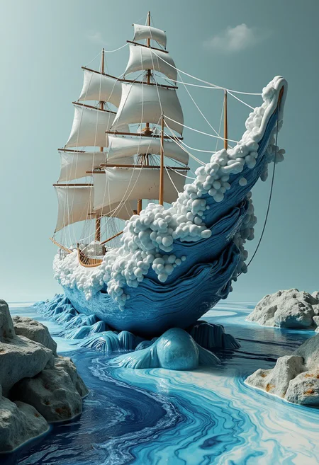 liquid marble ship, surreal liquid marble, a ship that is made out of liquid marble, the ship is forming out of a wave, very surrealistic in another universe, unrealistic, white and blue mixing liquid marble that forms the world,  the marble wavesbecomes one with the ship, liquid marble surrealistic image, ship made out of liquid marble, ship is unrealistic and made of stone, melting with the stone waves, strange world, colorful, psychedelic,