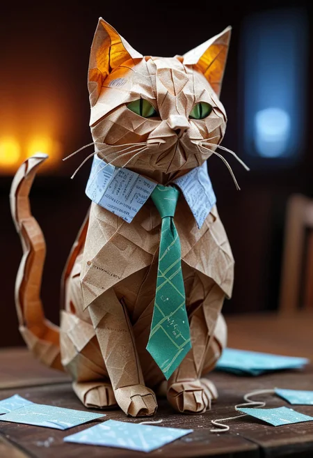 cat made of paper, cat with tie, close up, textured paper, on wooden table, fluorescent, glowing dust