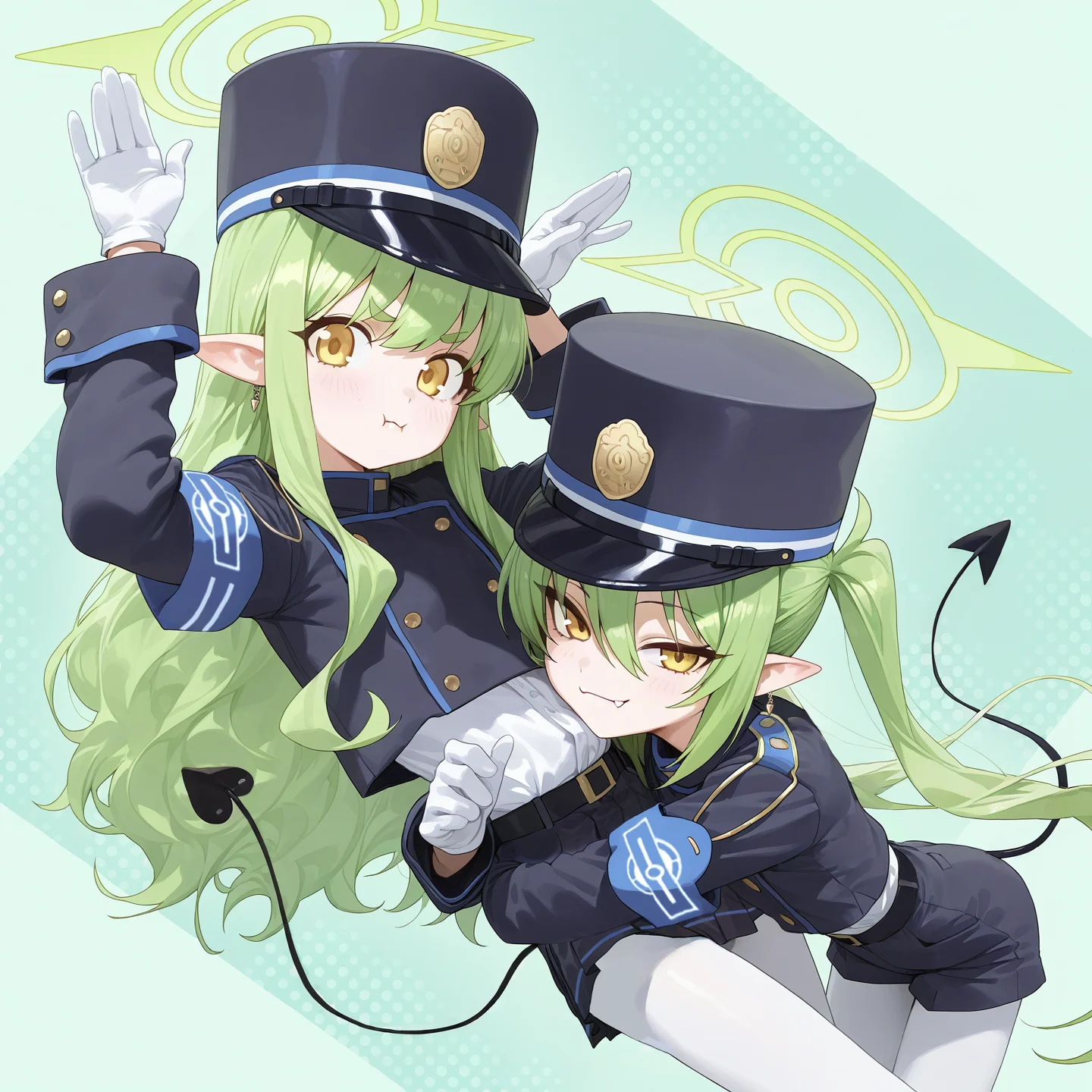 modare, 2girls, flat chest, green hair, yellow eyes, white pantyhose, white shirt tucked in, hat, blue uniform, white gloves, armband, demon tail, __positive__, BREAK
hikari \(blue archive\), long hair, skirt pout, rabbit pose BREAK
nozomi \(blue archive\), shorts, twin tails, smirk, fang, mesugaki, hug