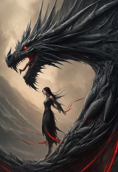 a woman with long, straight black hair and pointed ears, suggesting an elven or mythical character. Her skin is pale, and she has a serious expression. She is dressed in a dark, flowing garment. Behind her, a large, menacing dragon with black scales and glowing red eyes looms, its mouth open to reveal sharp teeth. The background is a muted, foggy landscape, enhancing the mystical and dramatic atmosphere. The composition is vertical, with the woman and dragon positioned centrally, creating a striking contrast between the human and mythical elements.