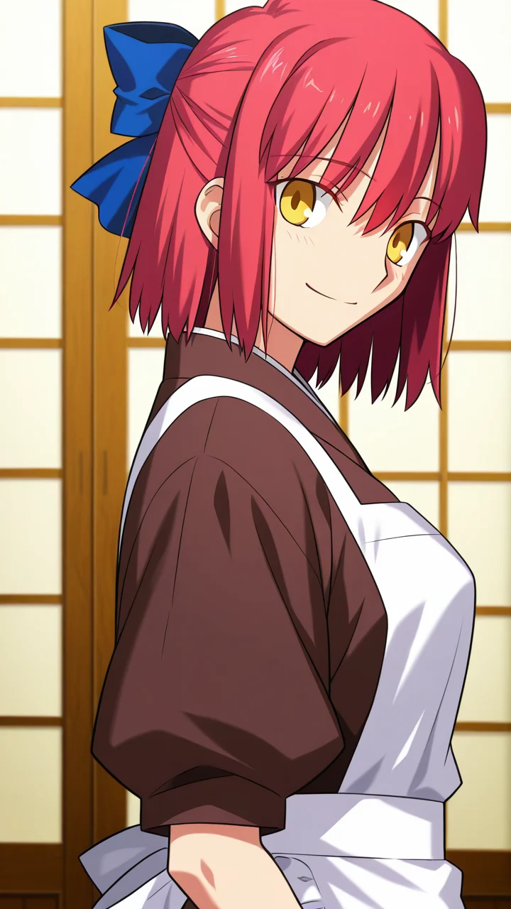 smile,, masterpiece, best quality, amazing quality, very aesthetic, absurdres, newest, anime screencap, <lora:kohakuILM:1>, kohaku (tsukihime), takeuchi takashi, yellow eyes, red hair, hair ribbon, blue ribbon, hair between eyes, short hair, sidelocks, bob cut, maid, maid apron, apron, white apron, kimono, brown kimono, japanese clothes, wa maid, puffy short sleeves,