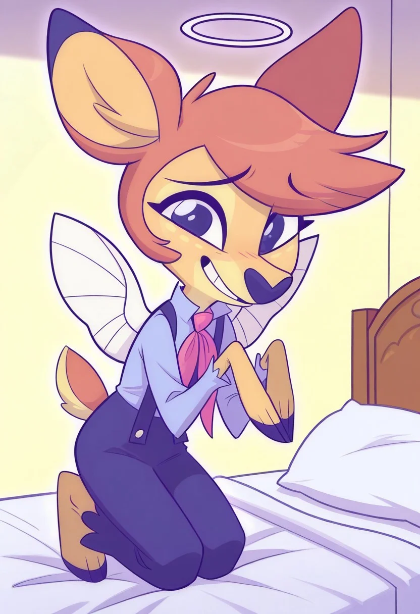 score_9,score_8_up,score_7_up,score_6_up,best quality,masterpiece,
background is bedroom, sunny day, bed,
((cinematic lighting)), (shading),
BREAK
1girl, solo, Perfect Body, (Perfect Anatomy:1.0), deerie, anthropomorphic fawn, light brown fur with lemon accents, brown hair, animal ears, angle, halo, wings, dark blue overalls over a brighter colored, long-sleeved shirt with a pink bow hanging from the collar,
kneeling on bed, looking at viewer, coy smile, seductive, teasing, flirting,