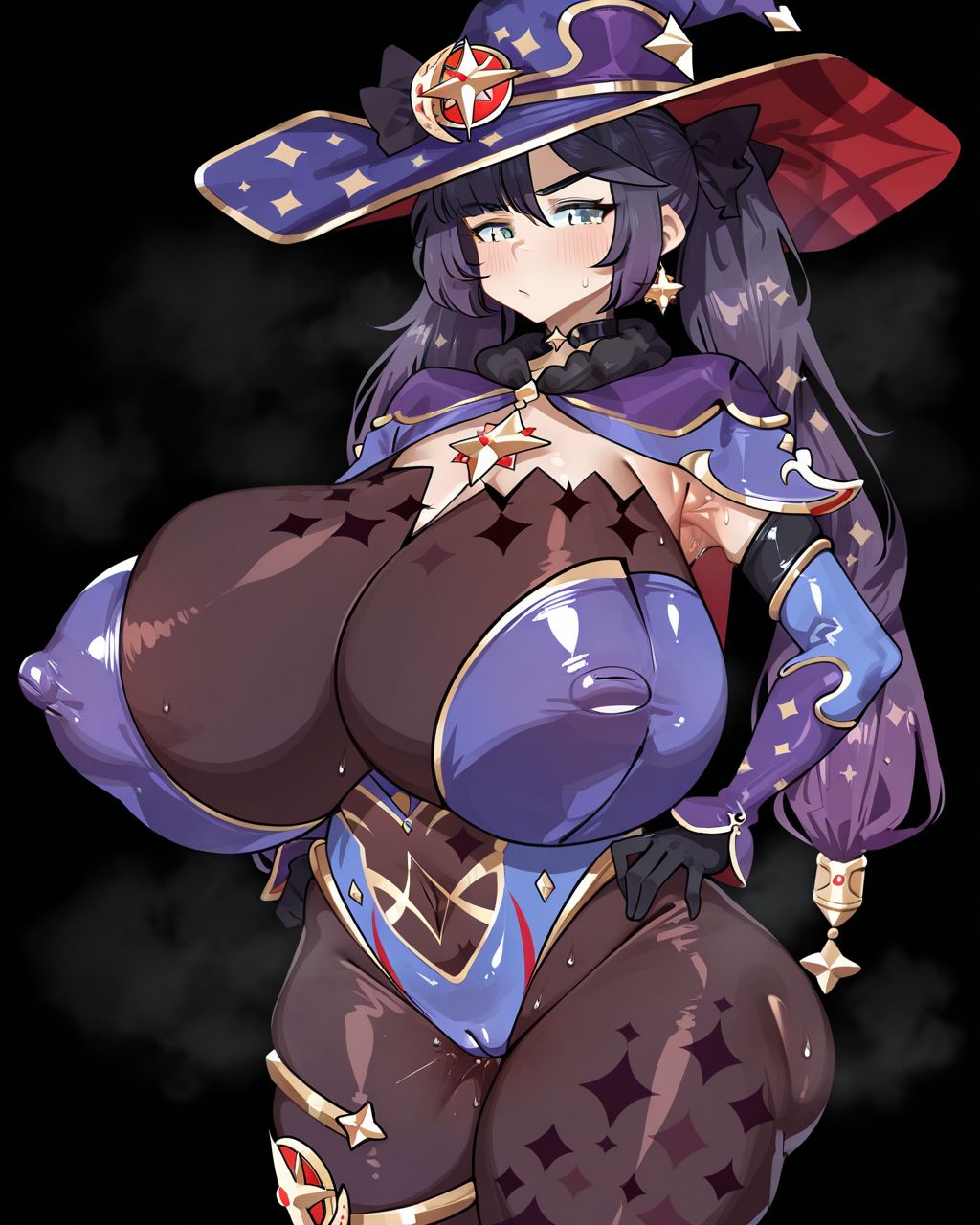 1girl, solo, mona \(genshin impact\),witch hat,purple hat,hat ornament,purple hair,twintails,ponytail holder,green eyes,star earrings,blue leotard,detached sleeves,gloves,bodystocking,sparkle print,thighlet,jewelry,star \(symbol\),vision \(genshin impact\),gigantic breasts,covered nipples, peterhl, steam, smell, steaming body, looking at viewer, cowboy shot, simple background, black background, masterpiece, best quality, very aesthetic, absurdres
