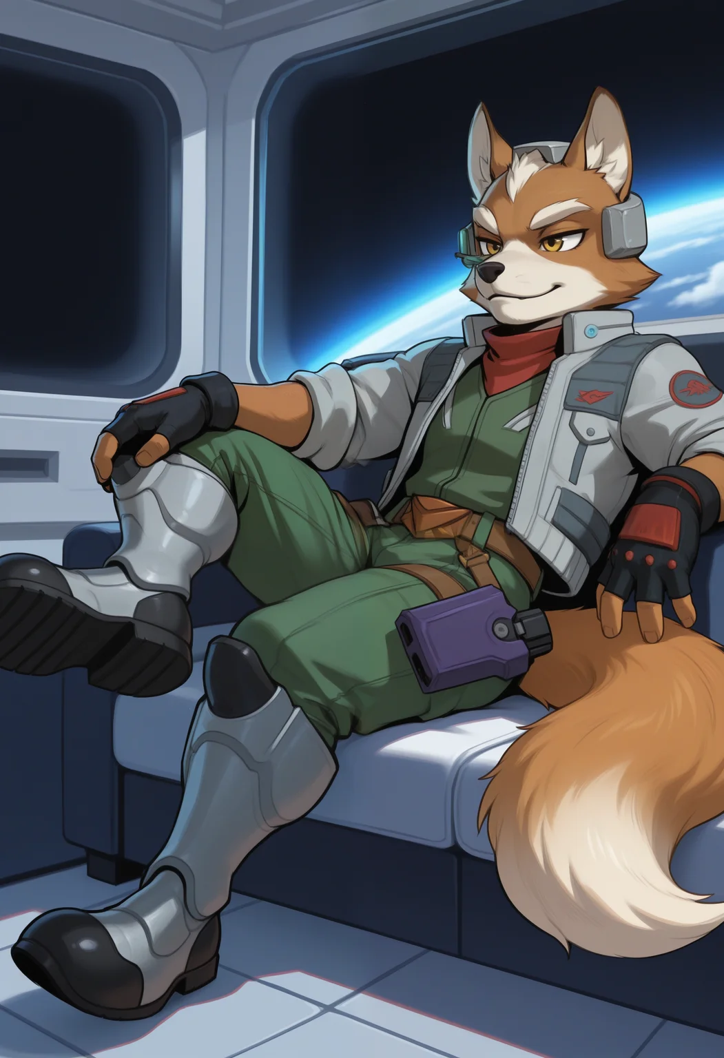 masterpiece,best quality, amazing quality, 1boy, solo, f0x, fox boy, black fingerless gloves, brown belt, green jumpsuit, green scouter, grey headgear, grey jacket, purple holster, silver armored boots, tail, relaxing,
space, space ship, bedroom,