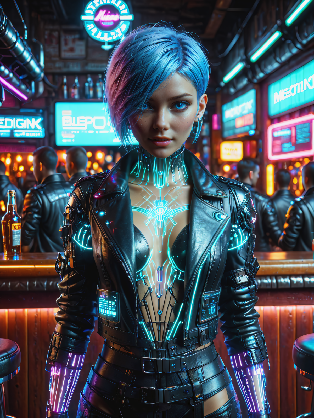 woman, mad-neonbody,  cyberpunk, leather jacket, crowded bar, depth of field, neon light, platinum pixie cut, (blue eyes:1.2), light smile, (facing viewer:1.2) <lora:Neon_Cyberpunk_Neon_Body_SDXL:1>, raw photo, film grain, (photorealistic, realistic:1.2), deep shadow,  8k, uhd, dslr, ultra high res