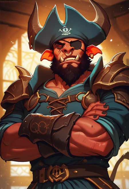 score_9, score_8_up, score_8, score_7_up, score_7, score_6_up, score_6, score_5_up, spiritbreakerpdxl, minotaur, beard, nose ring, red eyes, no pupils, red skin, pirate outfit, pirate hat, eye patch, shoulder armor, armor, vambraces, vox machine style, 1boy, male focus, solo, close up portrait, fantasy, tavern background, (dynamic lighting:1.1)
((masterpiece))