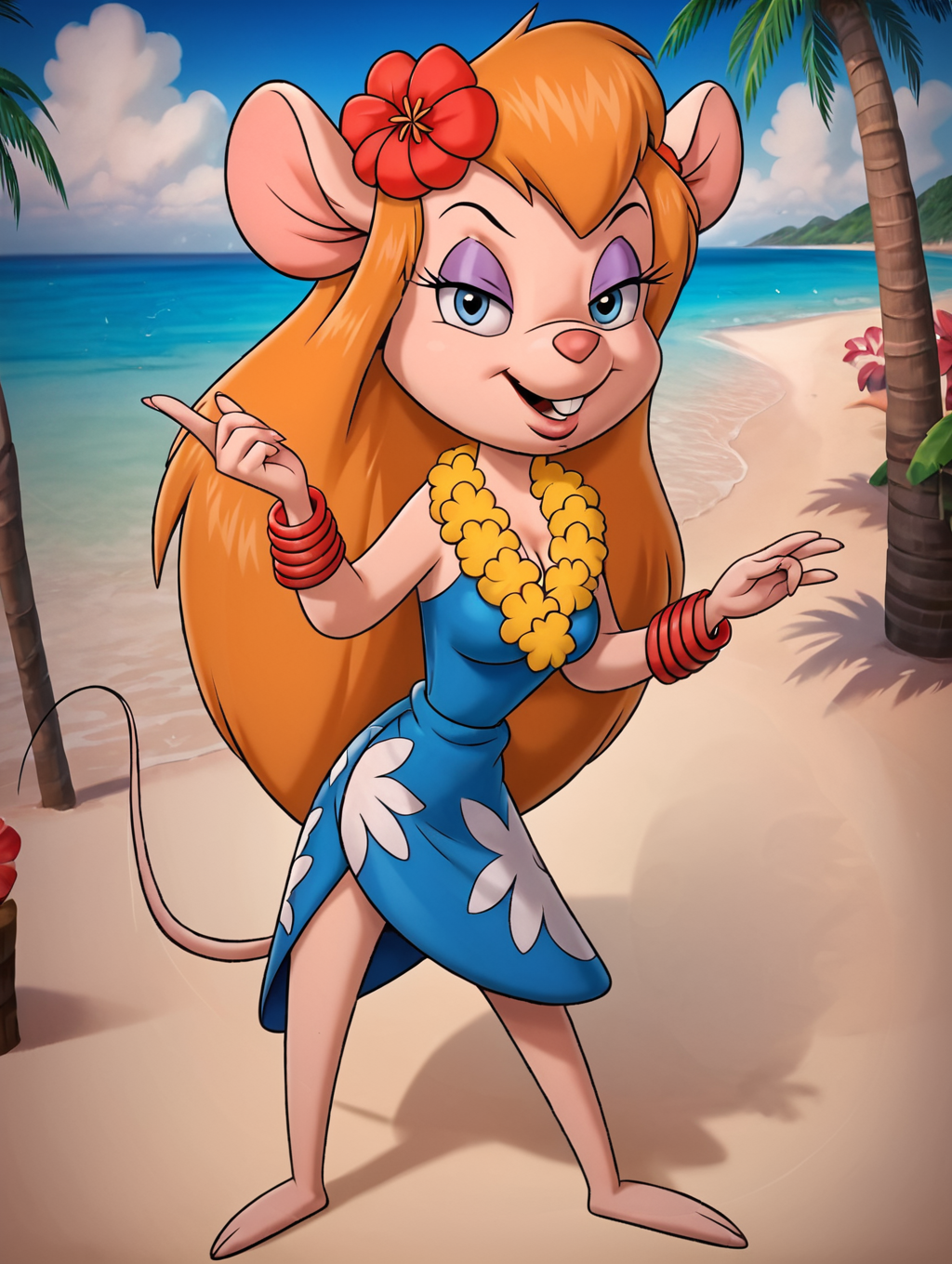 score_9, score_8_up, score_7_up, toon \(style\),ultra high quality,ultra high resolution,ultra ,full body, seductive, very realistic,(extremely detailed), detailed background,,(masterpiece, best quality, high quality, highres, ultra-detailed),toon (style), flat color, narrow waist,full body,perfect eyes,long eyelashes,bedroom eyes,seducing,(flirting with viewer:1.3),,full body, long legs,barefoot, hawaian beach, <lora:Lahwinie_Chip_n_Dale_Rescue_Rangers:0.9> lahwinie, mouse girl, orange hair, long hair, beige fur, purple eyeshadow, blue eyes, bracelet, yellow flower necklace, hair flower, blue dress, white flower pattern, hawaiian dress, buck teeth, long eyelashes,medium breasts,tall, playing with own hair,cleavage,beachside,high detailed buck teeth,perfect buck teeth,