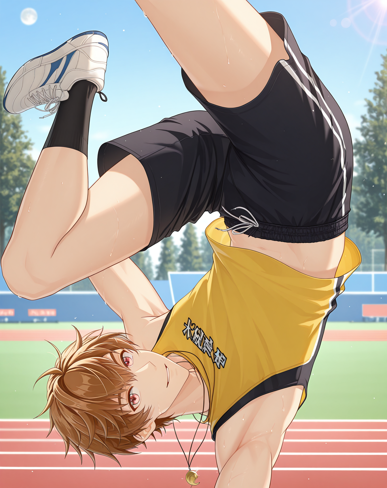 masterpiece, best quality, absurdres, very aesthetic, original style, 
1boy, solo, yaoi, male focus,
<lora:Luke_Pearce_ilxl:1> lukepearce, brown hair, short hair, hazel eyes,
black shorts, black socks, sweat, shoes, necklace,sneakers, jewelry, yellow shirt, sleeveless shirt, sportswear,white footwear, midriff peek, bishounen, 
outdoors,  upside-down, open mouth, blue sky, day, teeth, moon, track and field, jumping, armpits, blurry background, parted lips, tree, tank top, viewer, lens flare, smile,