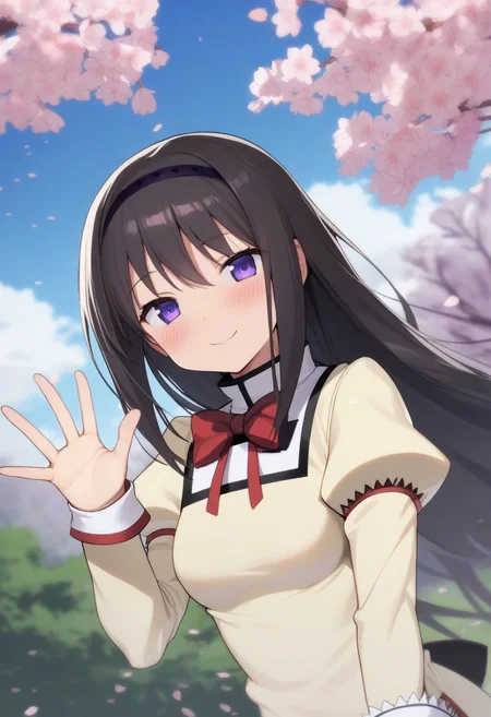 masterpiece,best quality,very aesthetic,absurdres,<lora:akemi_homura:1>,1girl,akemi_homura,black_hairband,blue_sky,blush,cherry_blossoms,cloudy_sky,collared_shirt,commentary_request,highres,juliet_sleeves,long_hair,looking_at_viewer,mitakihara_school_uniform,outstretched_hand,purple_eyes,red_bowtie,skeb_commission,smile,solo,tree,white_shirt,yellow_sweater,