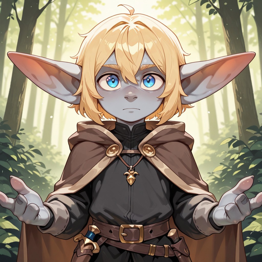 masterpiece, best quality, amazing quality, very aesthetic, solo, upper body,
goblin, short stature, shortstack, long pointed ears, big eyes,
1boy, male focus, blond hair, short hair, blue eyes, gray skin, black top, brown cape,
(looking at viewer:1.2), posing,
forest,