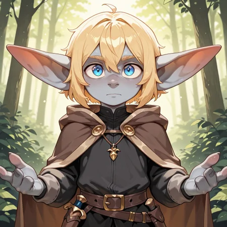 masterpiece, best quality, amazing quality, very aesthetic, solo, upper body,
goblin, short stature, shortstack, long pointed ears, big eyes,
1boy, male focus, blond hair, short hair, blue eyes, gray skin, black top, brown cape,
(looking at viewer:1.2), posing,
forest,