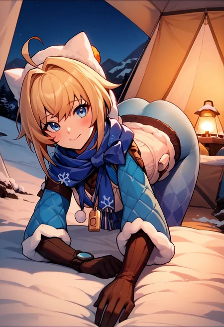 score_9, score_8_up, score_7_up, 1girl, smooth_anime, LynxLandau, solo, blonde hair, short hair, ahoge, blue eyes, fur-trimmed blue capelet, scarf, winter clothes, sweater, fur trim, white vest, blue pantyhose, wristwatch, black elbow gloves, long sleeves, hat, pendant, whistle, snowflake print, thigh_holste, looking at viewer, POV from behind, ass focus, ass in pantyhose, PraisedaBootymeme, bent over, tent, outside tent, snowy mountains background.
