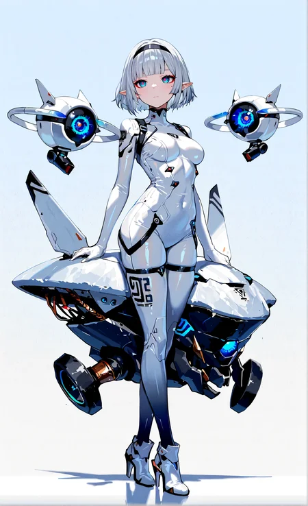 masterpiece, sharp detail, intricate detail, 1girl, pointy ears, gradient blue eyes, detailed eyes, short hair, silver hair, black hairband, medium breasts, white bodysuit, white high heels, blunt bangs, full body, red eyeliner, <lora:Improved Anime Drones:1> drone, non-humanoid robot, science fiction