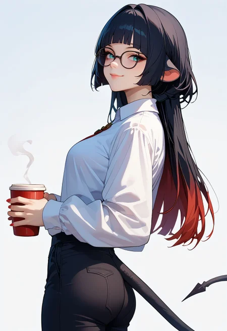 score_9,score_8_up,score_7_up,<lora:jane_doe_pdxl_goofy_v2:1>janedoe-zzz, 1girl, animal ears, aqua eyes, ass, black pants,black hair, blunt bangs, closed mouth, cowboy shot, cup, fingernails, from side, glasses, long hair, long sleeves, multicolored hair, nail polish, pants, red hair, shirt, sidelocks, simple background, smile, solo, tail, two-tone hair, white background, white shirt