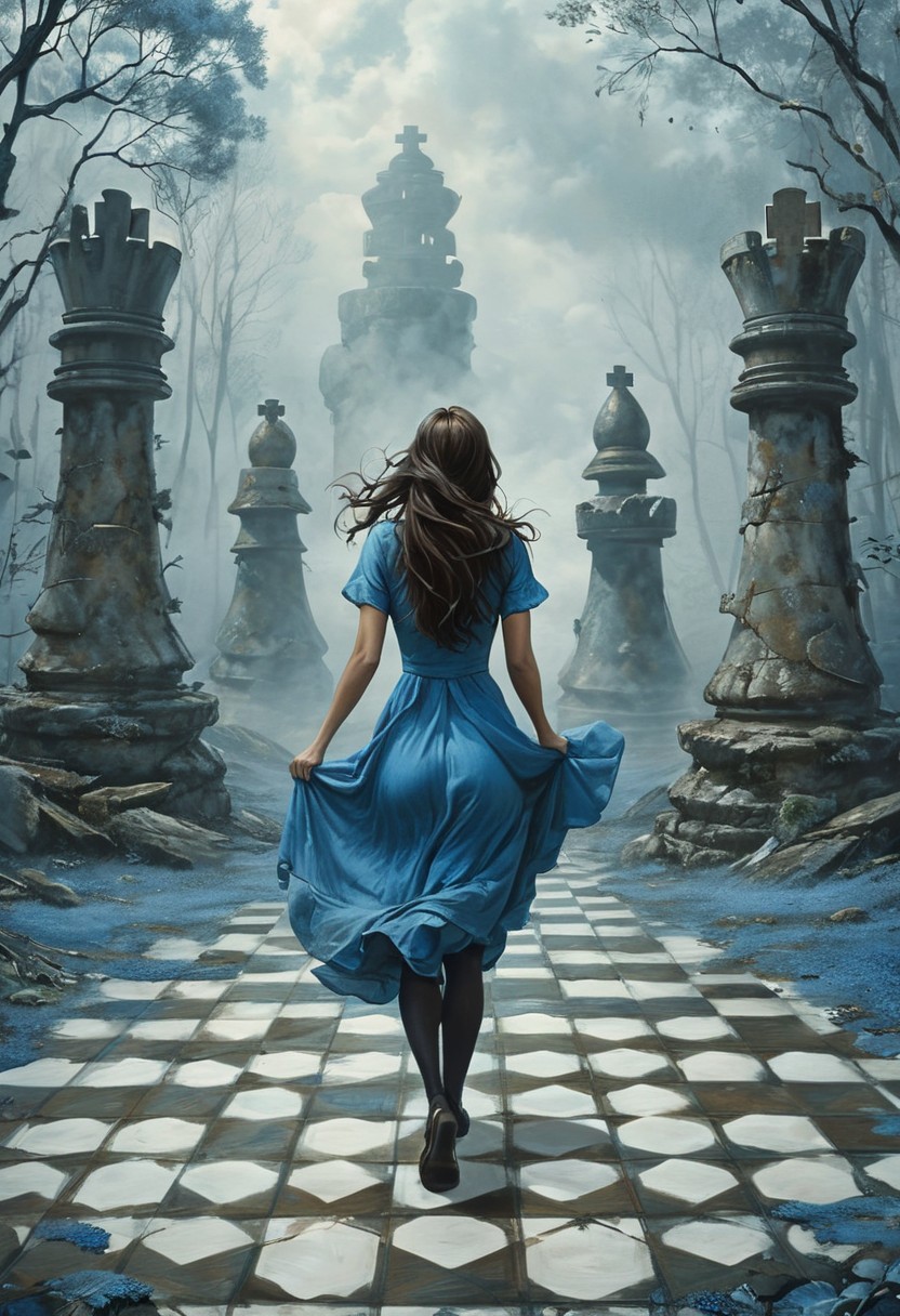 (water-colored), illustration, style of Jessica Galbreth,
(far view, far shot, rear view, facing away:1.3),
(Alice, woman running, very long dark brown hair,  hair rim lighting, hair in the wind, blue maid dress with short sleeves, black tights, black shoes:1.5), 
fog, dreamy, dream, landscape, cloudy, raining, forest,
(tiled floor, giant chess pieces, chess board, chess, giant towers, ruins:2)