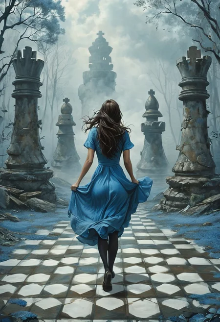 (water-colored), illustration, style of Jessica Galbreth,
(far view, far shot, rear view, facing away:1.3),
(Alice, woman running, very long dark brown hair,  hair rim lighting, hair in the wind, blue maid dress with short sleeves, black tights, black shoes:1.5), 
fog, dreamy, dream, landscape, cloudy, raining, forest,
(tiled floor, giant chess pieces, chess board, chess, giant towers, ruins:2)
