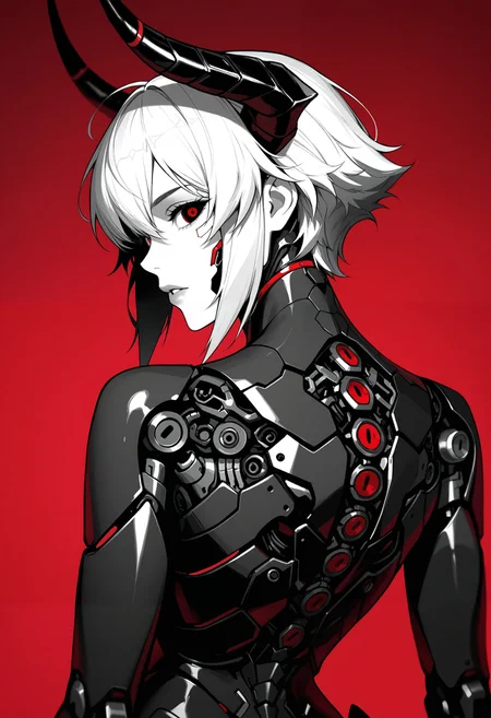 masterpiece, best quality, good quality, very aesthetic, absurdres, newest, 8K, depth of field, focused subject, ghost in the shell aesthetic, monochrome, black and white, line art, sketch style, technical drawing, closeup quarter upper body shot, from behind, almost from side, 1girl, succubus cyborg, horns, gynoid, face focus, segmented face with panel lines, dark vacant eyes, looking back, parted lips, intricate exposed mechanical components above cranium, cyberpunk, high contrast black and red background, clinical atmosphere.