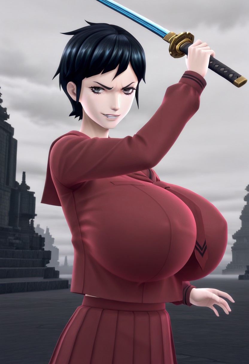 3D,game screencap,game coloring,1girl,solo,KayaDaidouji,black hair,short hair,black eyes,eyelashes,lips,serafuku,huge breasts,smirk,teeth,holding sword,hand grip