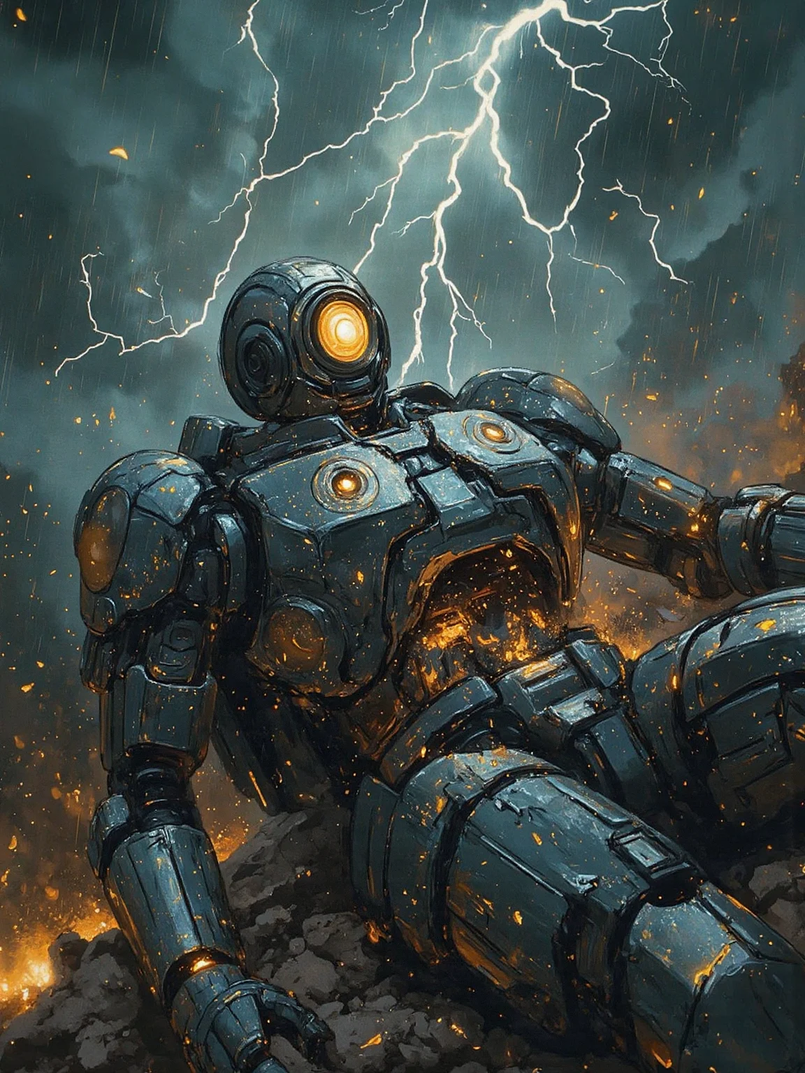 A wicked damaged robot lies broken and crumbling on a desolate battlefield, as if it had been torn apart by some unseen force. The camera looks down upon it from a high angle, capturing the eerie atmosphere of the stormy night. Thunderstorms rage above, with flashes of lightning illuminating the dark sky. Cracks and fissures run across the robot's metallic body, revealing its vulnerable innards. Its once-sharp limbs now lie limp and twisted, as if they'd been crushed under the weight of its own destruction. The air is heavy with the scent of ozone and smoke, and the, <lora:Flux_Turbo_Alpha.safetensors:1.0> <lora:Dreamy_Illustrations_FLUX_LoRA-000001.safetensors:0.8> dreamy illustration <lora:aidmaMJ6.1-FLUX-v0.4.safetensors:0.6> aidmaMJ6.1