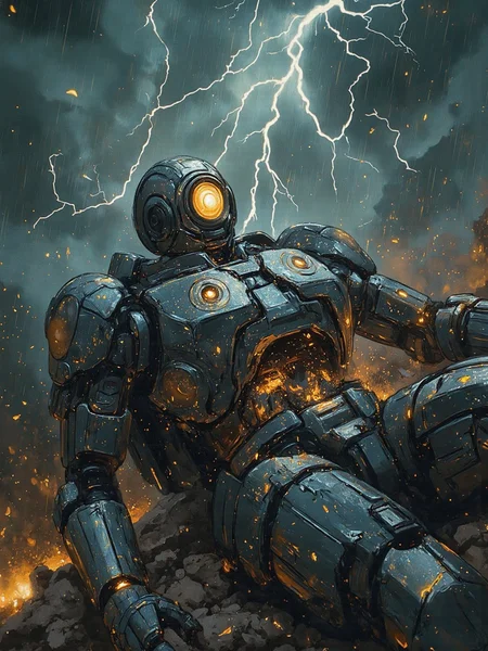 A wicked damaged robot lies broken and crumbling on a desolate battlefield, as if it had been torn apart by some unseen force. The camera looks down upon it from a high angle, capturing the eerie atmosphere of the stormy night. Thunderstorms rage above, with flashes of lightning illuminating the dark sky. Cracks and fissures run across the robot's metallic body, revealing its vulnerable innards. Its once-sharp limbs now lie limp and twisted, as if they'd been crushed under the weight of its own destruction. The air is heavy with the scent of ozone and smoke, and the, <lora:Flux_Turbo_Alpha.safetensors:1.0> <lora:Dreamy_Illustrations_FLUX_LoRA-000001.safetensors:0.8> dreamy illustration <lora:aidmaMJ6.1-FLUX-v0.4.safetensors:0.6> aidmaMJ6.1