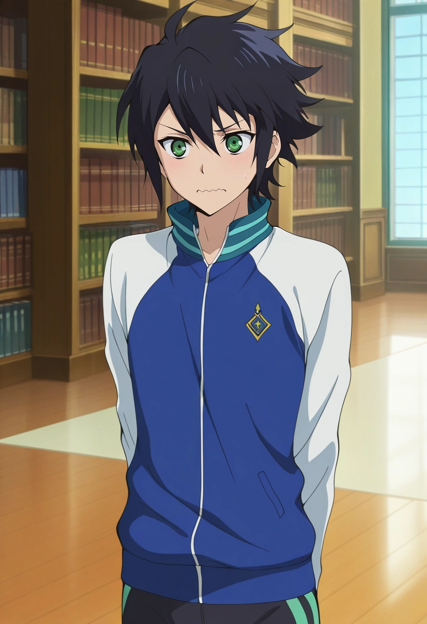 masterpiece, best quality, , anime screencap, , , , 1boy, solo, male focus, <lora:yuuichirou_hyakuya_ilxl:0.9>, yuuichirou_hyakuya, black hair, green eyes, short hair, hair between eyes, , , upper body, library, books, indoors, light, yoga, wavy mouth, Ski pants, Varsity sweatshirt, Athletic shoes, ,